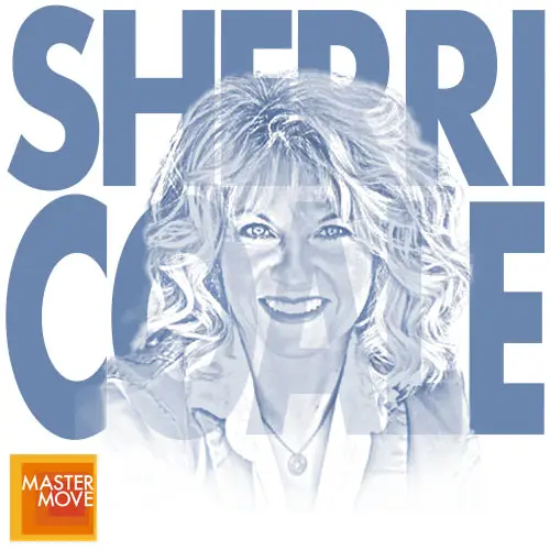 Stylized blue monochrome portrait of Sherri Coale with her name in bold block letters behind her and the Master Move logo in the corner