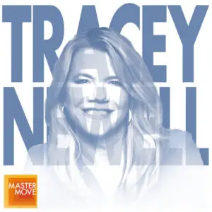 Stylized blue monochrome portrait of Tracey Newell with her name in bold block letters behind her and the Master Move logo in the corner
