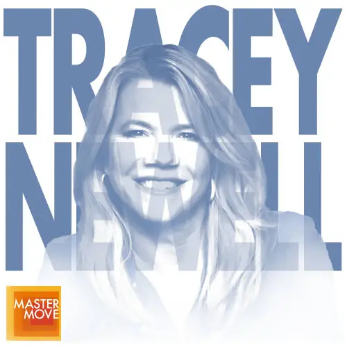 Stylized blue monochrome portrait of Tracey Newell with her name in bold block letters behind her and the Master Move logo in the corner