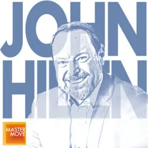 Stylized blue monochrome portrait of John Hillen with her name in bold block letters behind his and the Master Move logo in the corner