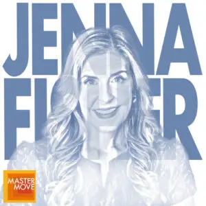 Stylized blue monochrome portrait of Jenna Fisher with her name in bold block letters behind her and the Master Move logo in the corner