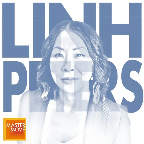 Stylized blue monochrome portrait of Linh Peters with her name in bold block letters behind her and the Master Move logo in the corner