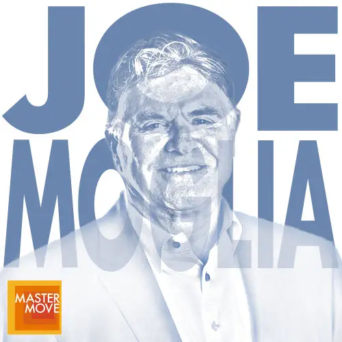 Stylized blue monochrome portrait of Joe Moglia with her name in bold block letters behind his and the Master Move logo in the corner