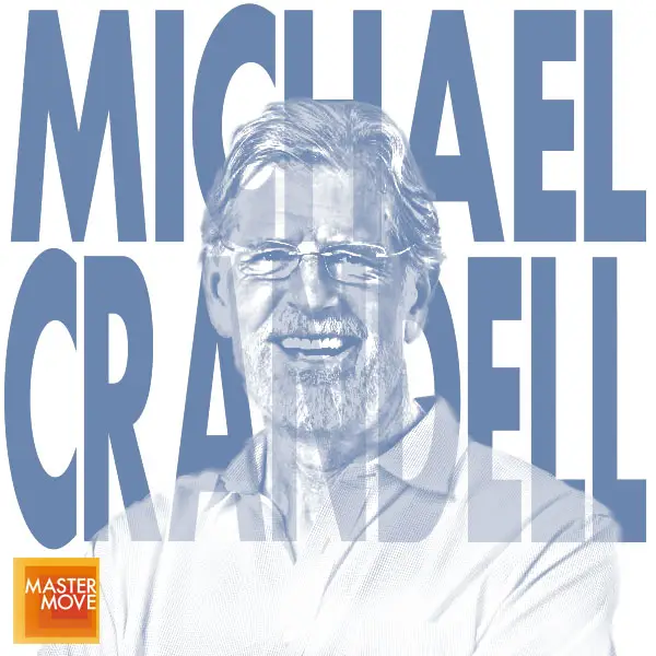 Stylized blue monochrome portrait of Michael Crandell with his name in bold block letters behind his and the Master Move logo in the corner