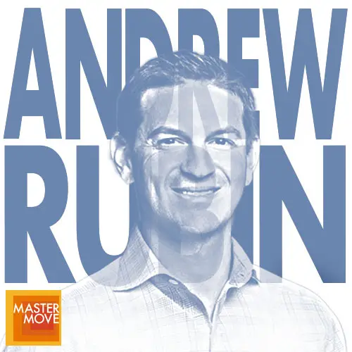 Stylized blue monochrome portrait of Andrew Rubin with his name in bold block letters behind his and the Master Move logo in the corner