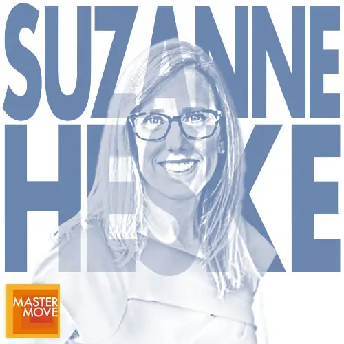 Stylized blue monochrome portrait of Suzanne Heske with her name in bold block letters behind her and the Master Move logo in the corner