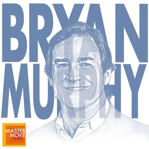 Stylized blue monochrome portrait of Bryan Murphy with his name in bold block letters behind his and the Master Move logo in the corner