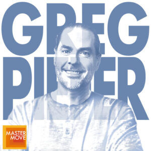 Stylized blue monochrome portrait of Greg Piefer with his name in bold block letters behind his and the Master Move logo in the corner