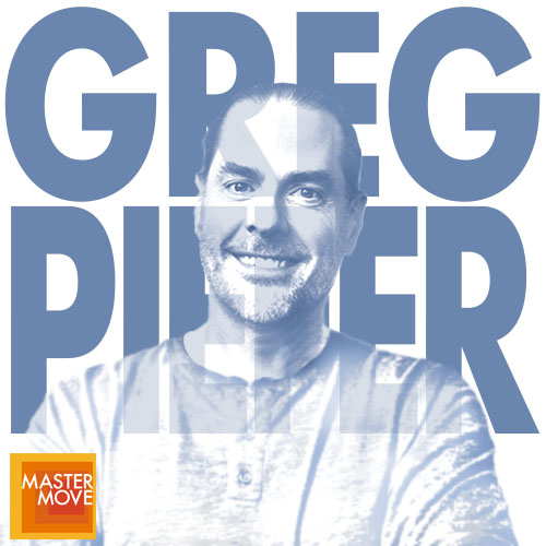 Stylized blue monochrome portrait of Greg Piefer with his name in bold block letters behind his and the Master Move logo in the corner