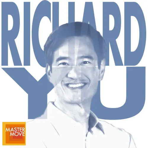 Stylized blue monochrome portrait of Richard Yu with his name in bold block letters behind his and the Master Move logo in the corner