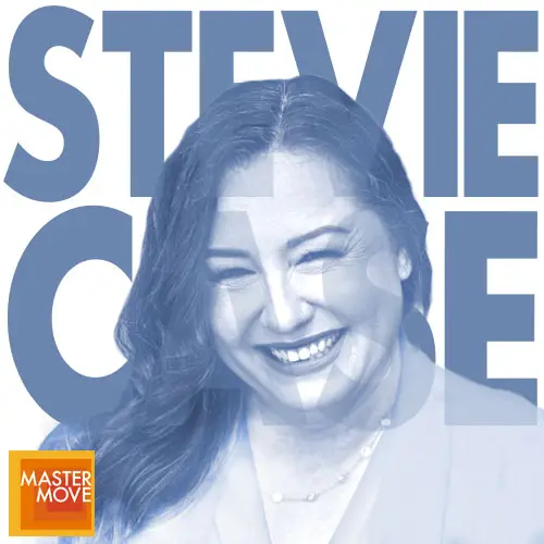 Stylized blue monochrome portrait of Stevie Case with her name in bold block letters behind his and the Master Move logo in the corner