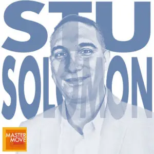 Stylized blue monochrome portrait of Stu Solomon with his name in bold block letters behind his and the Master Move logo in the corner