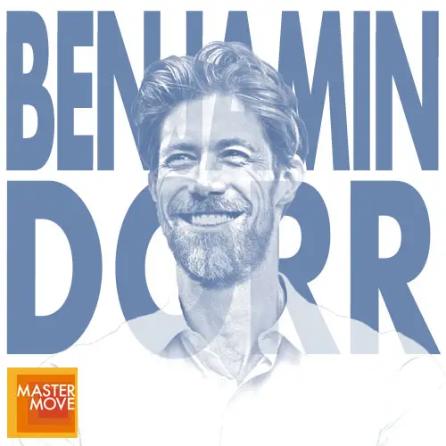 Stylized blue monochrome portrait of Benjamin Dorr with his name in bold block letters behind his and the Master Move logo in the corner