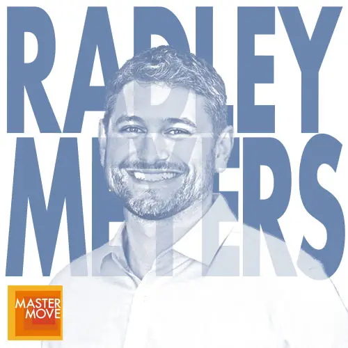 Stylized blue monochrome portrait of Radley Meyers with his name in bold block letters behind his and the Master Move logo in the corner