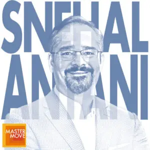 Stylized blue monochrome portrait of Snehal Antani with his name in bold block letters behind his and the Master Move logo in the corner
