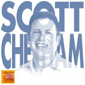 Stylized blue monochrome portrait of Scott Chatham with his name in bold block letters behind his and the Master Move logo in the corner