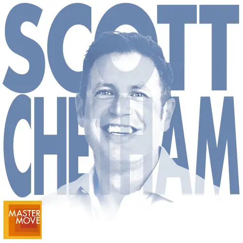 Stylized blue monochrome portrait of Scott Chatham with his name in bold block letters behind his and the Master Move logo in the corner