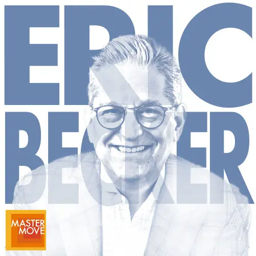 Stylized blue monochrome portrait of Eric Becker with his name in bold block letters behind his and the Master Move logo in the corner