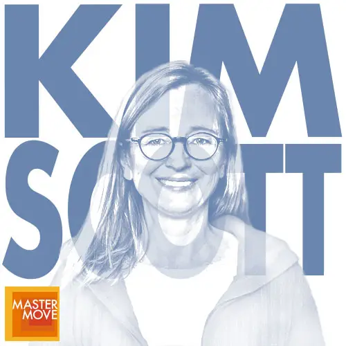 Stylized blue monochrome portrait of Kim Scott with her name in bold block letters behind her and the Master Move logo in the corner