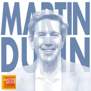 Stylized blue monochrome portrait of Martin Dubin with his name in bold block letters behind his and the Master Move logo in the corner